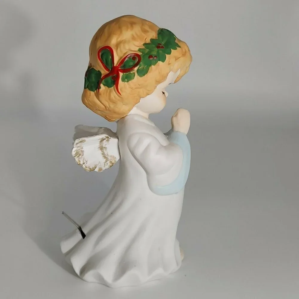 Vintage Christmas Guardian Musical White Angel Holiday Porcelain Figurine